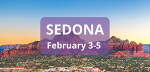 Scenic view of Sedona’s red rock formations at sunset with text overlay reading Sedona, used as a button to register for the retreat.