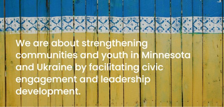A painted wooden fence in the blue and yellow colors of the Ukrainian flag with traditional white decorative patterns, overlaid with a message about youth leadership and civic engagement in Minnesota and Ukraine.