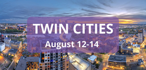Skyline view of the Twin Cities at sunset with text overlay that says Twin Cities